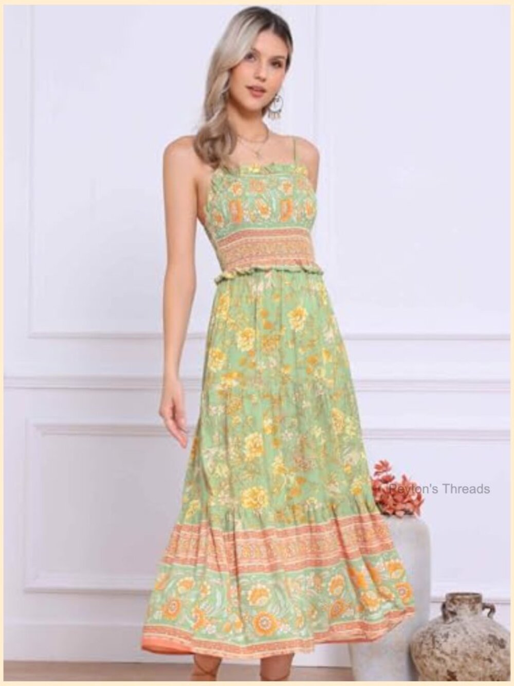 Boho Floral Smocked Tiered Maxi Dress Spaghetti Strap A-Line - Picture 3 of 5